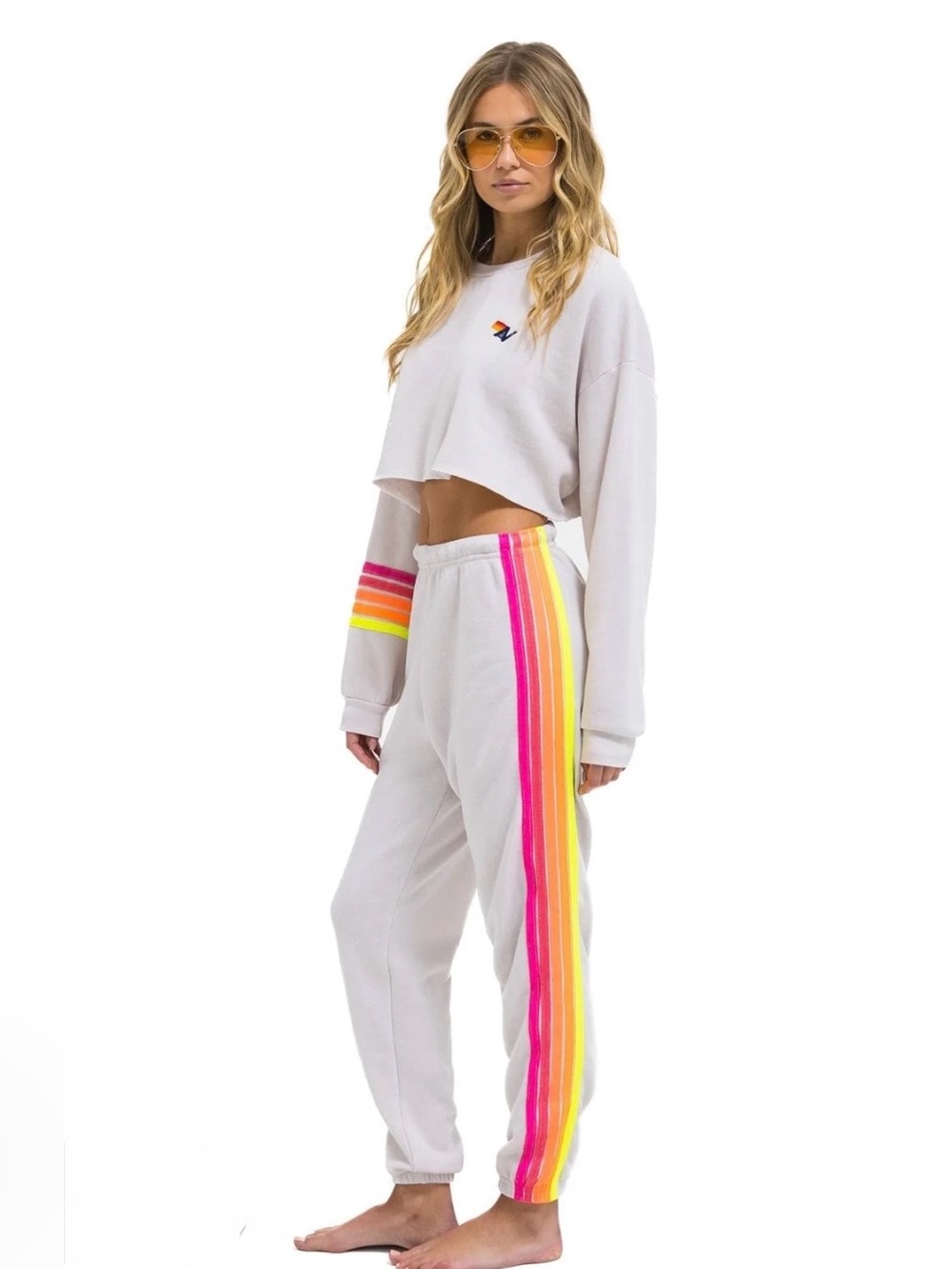AVIATOR NATION 5 stripe sweatpants in dove & neon stripes  - M top , S bottom